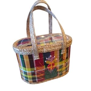 St. Lucia Handwoven Handmade Bright Colored Plaid Purse Make Up Case Tote Preppy